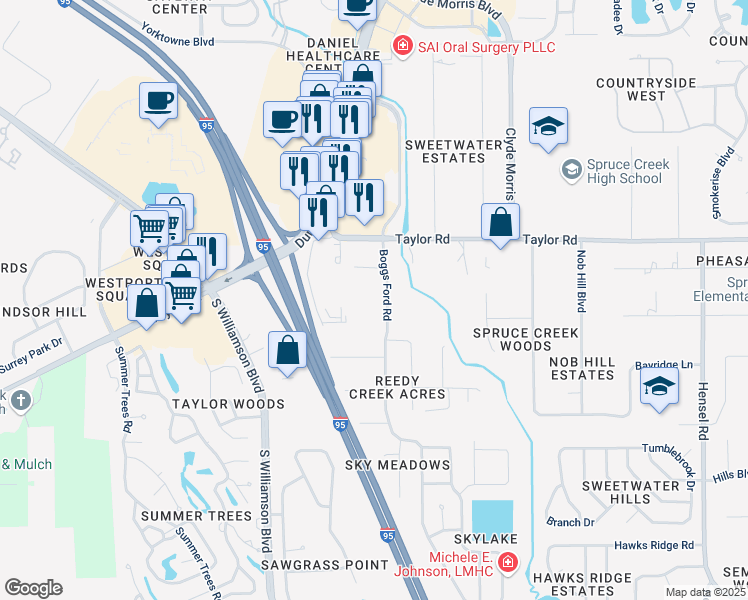 map of restaurants, bars, coffee shops, grocery stores, and more near 5827 Boggs Ford Road in Port Orange