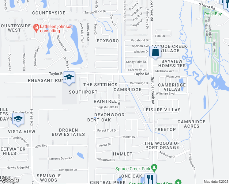 map of restaurants, bars, coffee shops, grocery stores, and more near 9 Raintree Drive in Port Orange
