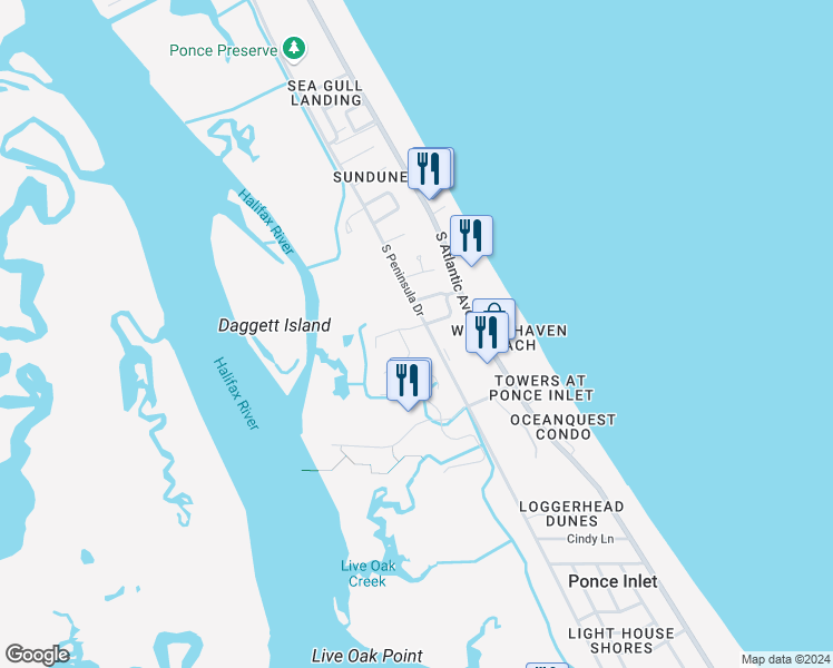 map of restaurants, bars, coffee shops, grocery stores, and more near 103 Marie Drive in Ponce Inlet