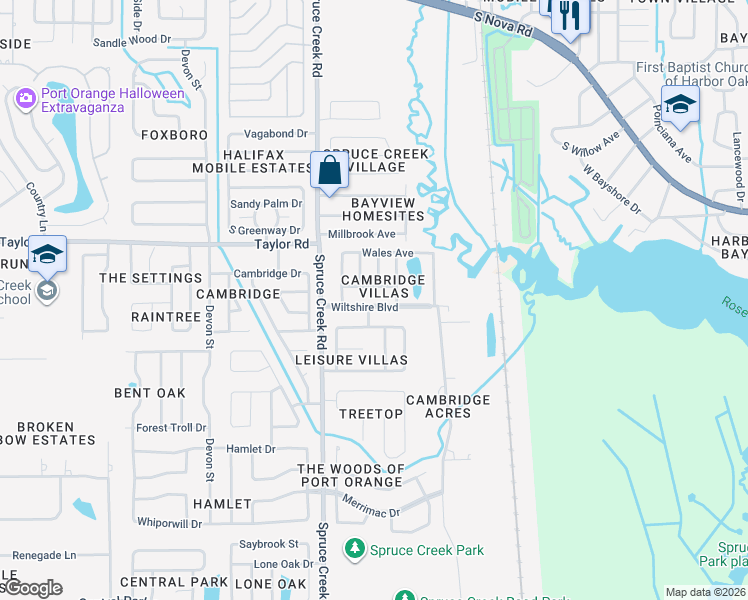 map of restaurants, bars, coffee shops, grocery stores, and more near 469 Wiltshire Boulevard in Port Orange