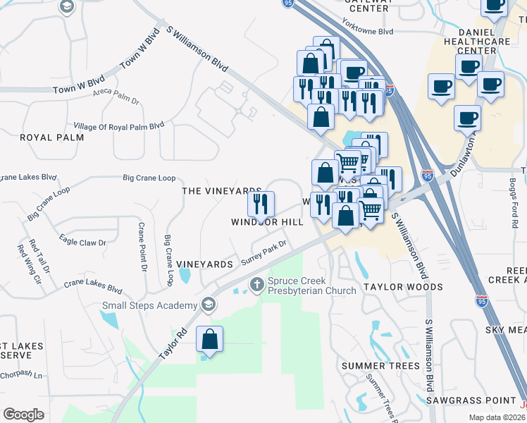 map of restaurants, bars, coffee shops, grocery stores, and more near 1386 Hyde Park Drive in Port Orange