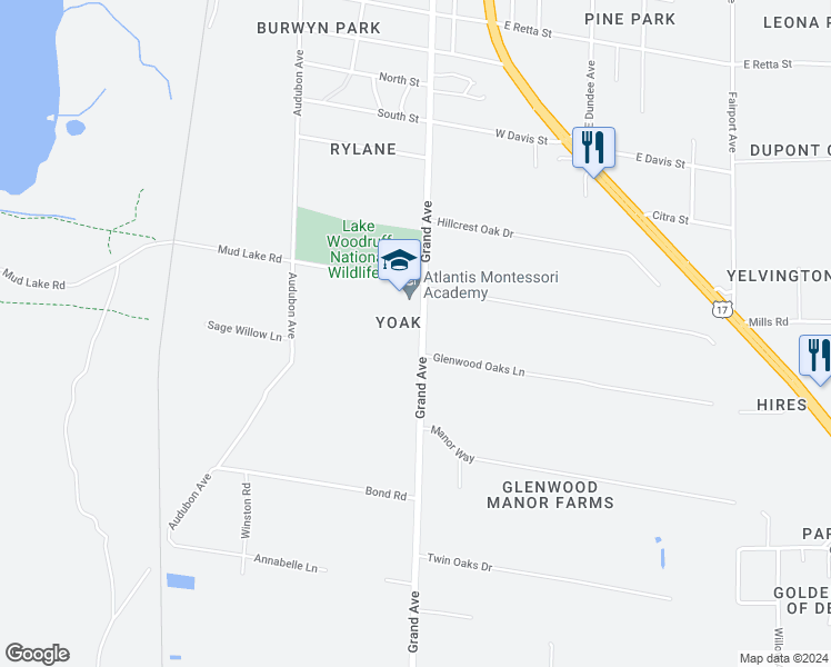 map of restaurants, bars, coffee shops, grocery stores, and more near 4330 Grand Avenue in DeLand