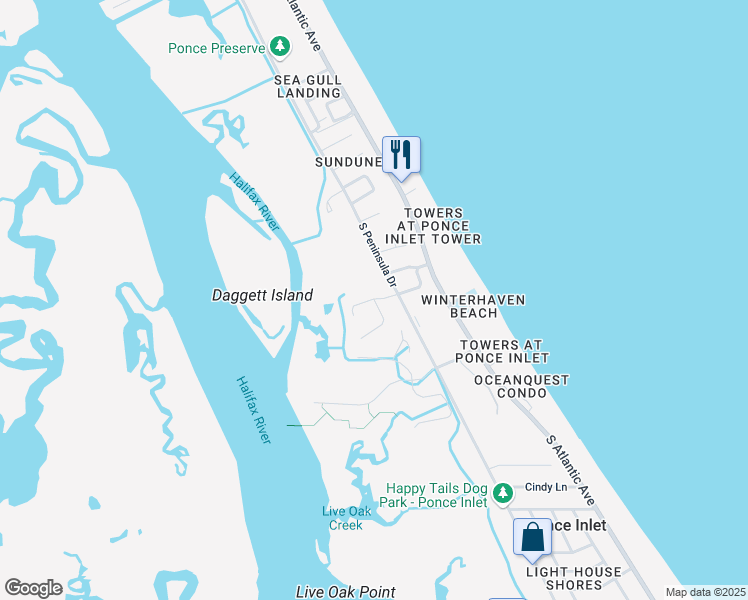 map of restaurants, bars, coffee shops, grocery stores, and more near 115 Marie Drive in Ponce Inlet