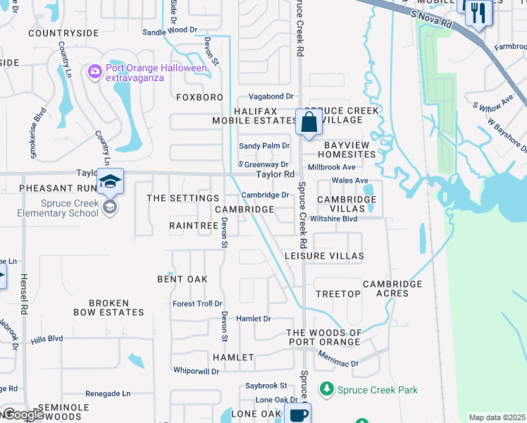 map of restaurants, bars, coffee shops, grocery stores, and more near 208 Brittany Avenue in Port Orange