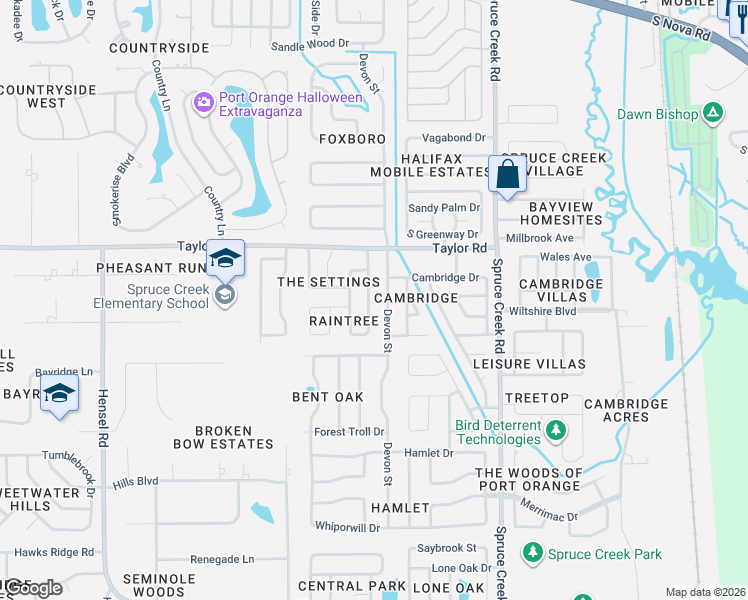 map of restaurants, bars, coffee shops, grocery stores, and more near 9 Raintree Drive in Port Orange