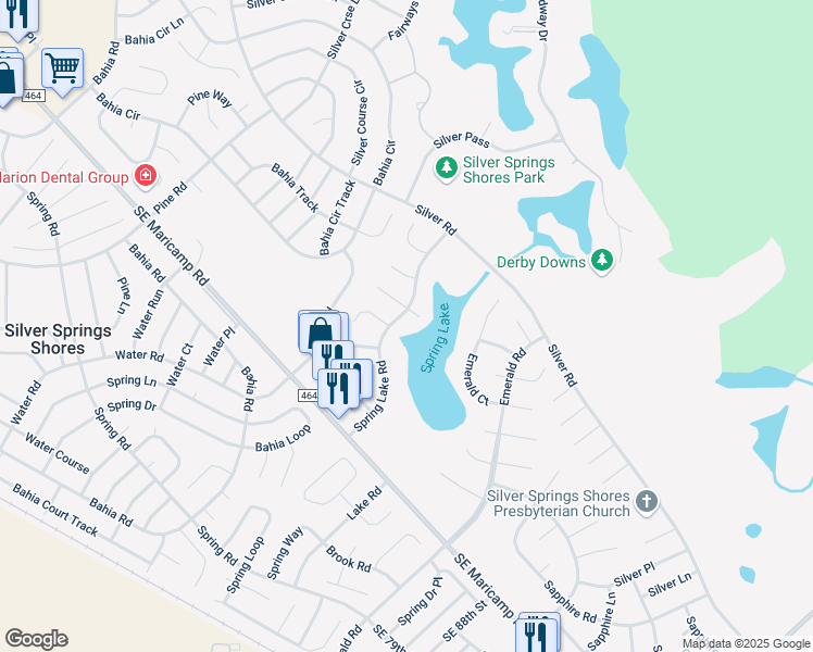 map of restaurants, bars, coffee shops, grocery stores, and more near 17 Spring Lake Way in Ocala