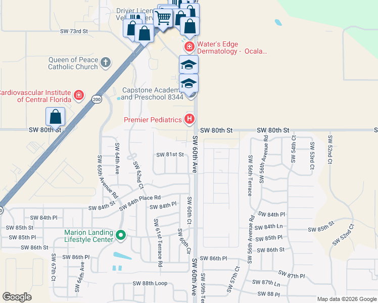 map of restaurants, bars, coffee shops, grocery stores, and more near 6051 Southwest 81st Street in Ocala