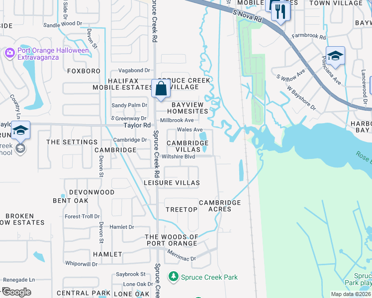 map of restaurants, bars, coffee shops, grocery stores, and more near 469 Wiltshire Boulevard in Port Orange