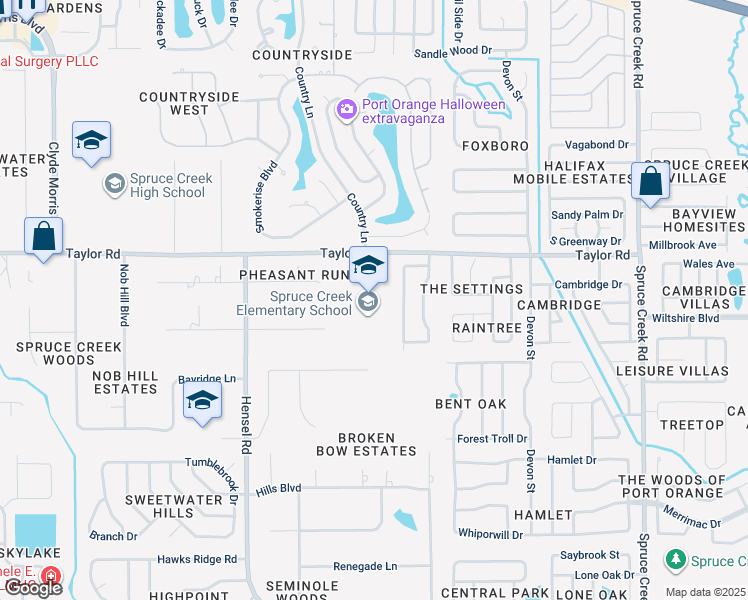 map of restaurants, bars, coffee shops, grocery stores, and more near 642 Taylor Road in Port Orange