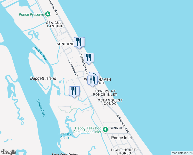 map of restaurants, bars, coffee shops, grocery stores, and more near 4589 South Atlantic Avenue in Ponce Inlet