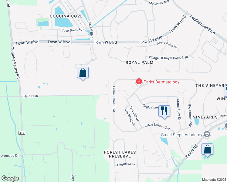 map of restaurants, bars, coffee shops, grocery stores, and more near 2068-2298 Crane Lakes Boulevard in Port Orange