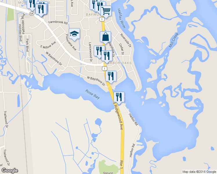 map of restaurants, bars, coffee shops, grocery stores, and more near 7204 West Bayshore Drive in Port Orange