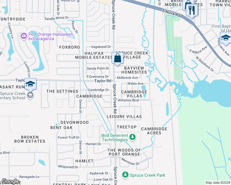 map of restaurants, bars, coffee shops, grocery stores, and more near 5823 Spruce Creek Road in Port Orange