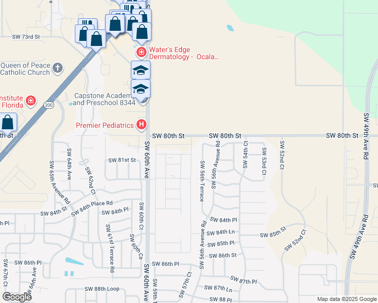 map of restaurants, bars, coffee shops, grocery stores, and more near 5750-5980 Southwest 80th Street in Ocala