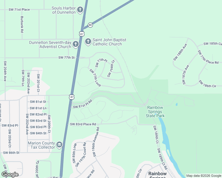 map of restaurants, bars, coffee shops, grocery stores, and more near 19648 Southwest 77th Loop in Dunnellon