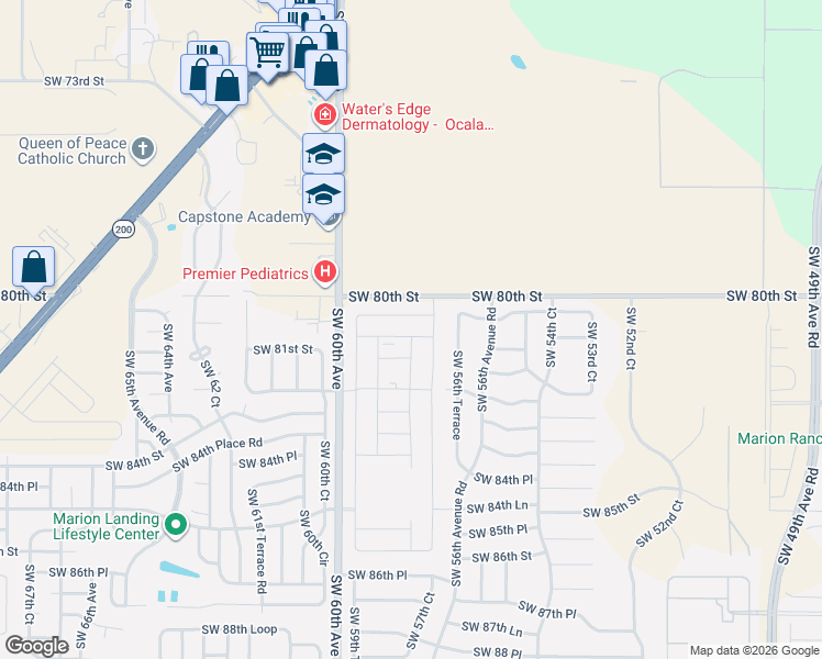map of restaurants, bars, coffee shops, grocery stores, and more near 5750-5980 Southwest 80th Street in Ocala