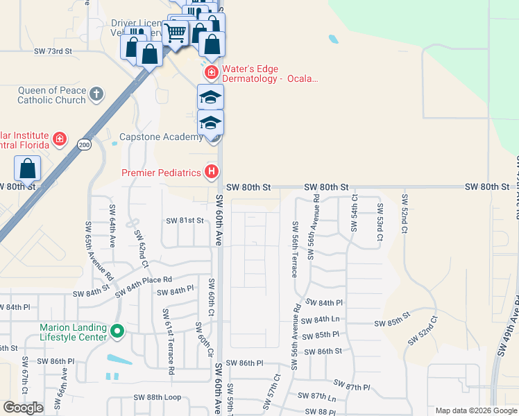 map of restaurants, bars, coffee shops, grocery stores, and more near 5925 Southwest 80th Street in Ocala