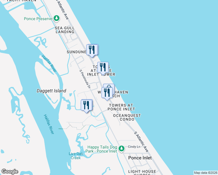 map of restaurants, bars, coffee shops, grocery stores, and more near 4575 South Atlantic Avenue in Port Orange
