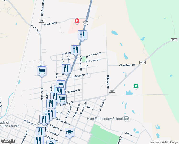 map of restaurants, bars, coffee shops, grocery stores, and more near 301 East Lacy Street in Cuero