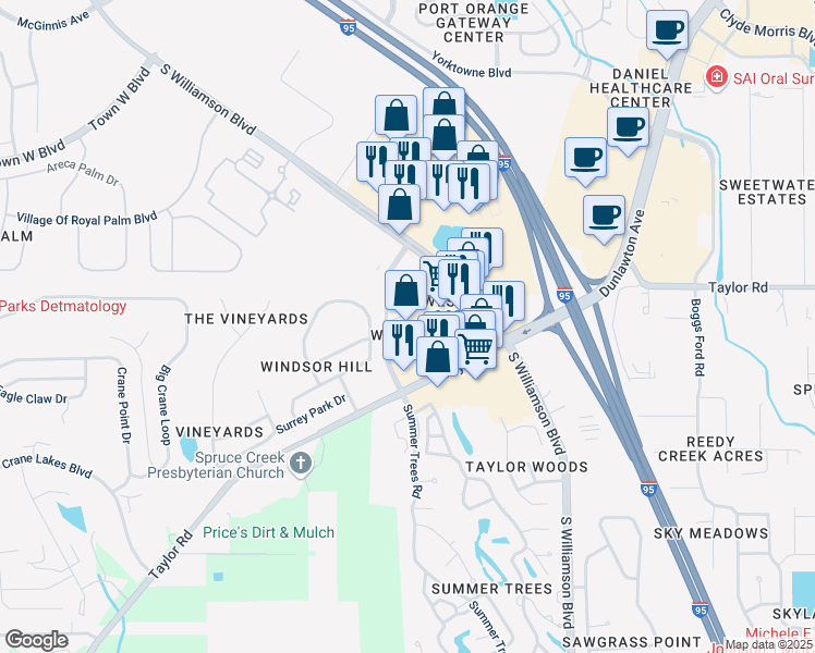 map of restaurants, bars, coffee shops, grocery stores, and more near 1682 Taylor Road in Port Orange