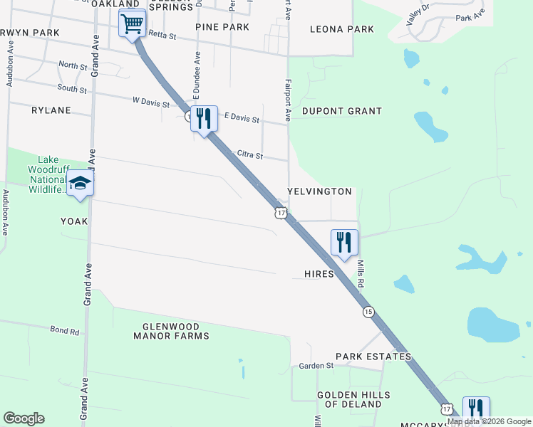 map of restaurants, bars, coffee shops, grocery stores, and more near 1909 South Farm Road in DeLand