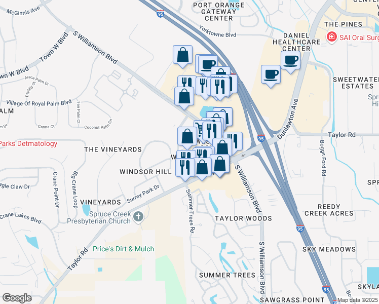map of restaurants, bars, coffee shops, grocery stores, and more near 1682 Taylor Road in Port Orange