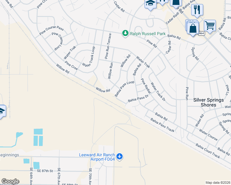 map of restaurants, bars, coffee shops, grocery stores, and more near 20 Bahia Pass Loop in Ocala