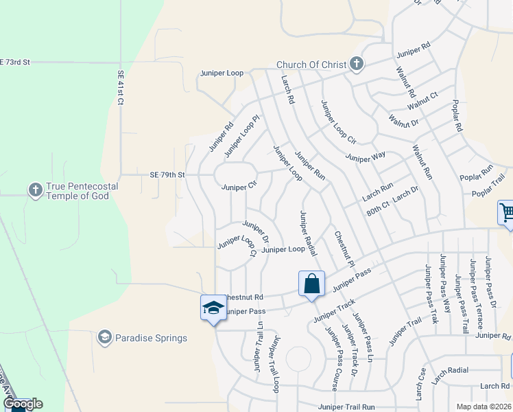 map of restaurants, bars, coffee shops, grocery stores, and more near 14 Juniper Loop Run in Ocala