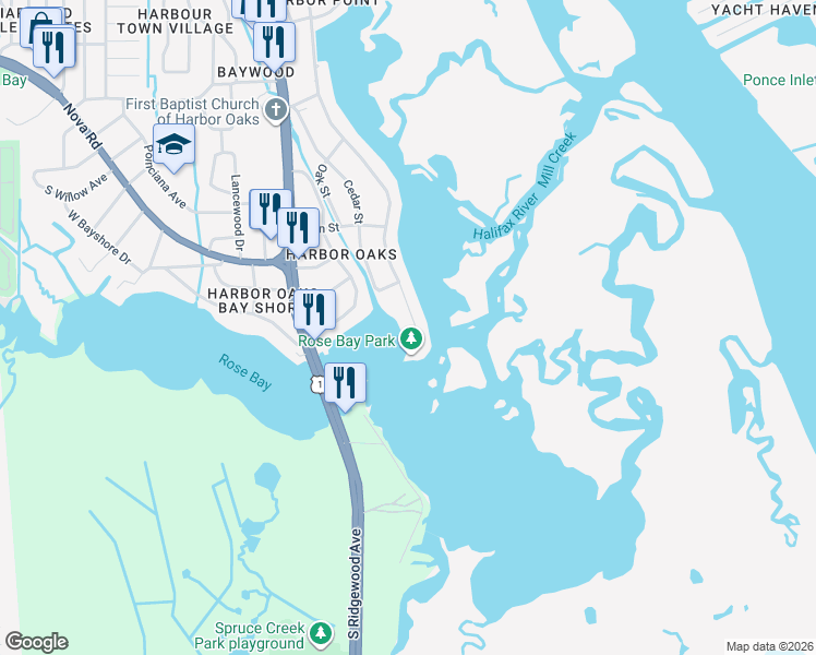 map of restaurants, bars, coffee shops, grocery stores, and more near 5964 Riverside Drive in Port Orange