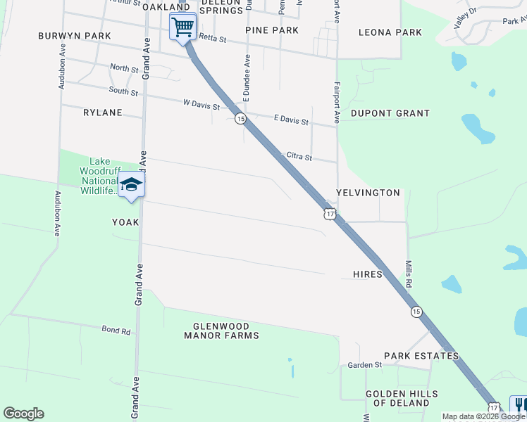 map of restaurants, bars, coffee shops, grocery stores, and more near 1906 Hillcrest Oak Drive in DeLand