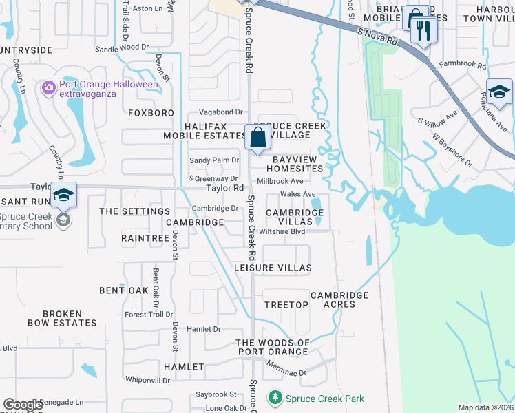 map of restaurants, bars, coffee shops, grocery stores, and more near 5812 Wales Avenue in Port Orange