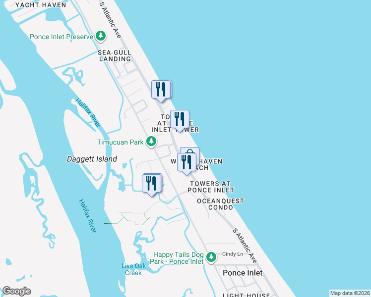map of restaurants, bars, coffee shops, grocery stores, and more near 4575 South Atlantic Avenue in Port Orange