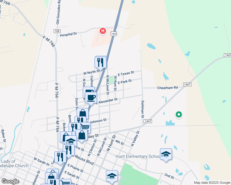 map of restaurants, bars, coffee shops, grocery stores, and more near 301 East Lacy Street in Cuero