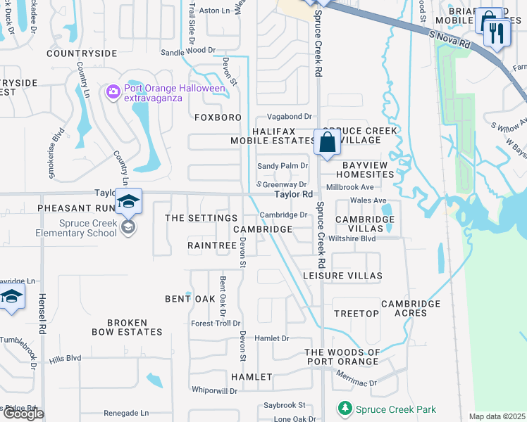 map of restaurants, bars, coffee shops, grocery stores, and more near 213 Cambridge Drive in Port Orange