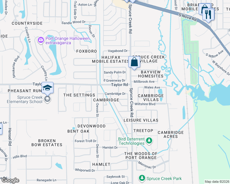 map of restaurants, bars, coffee shops, grocery stores, and more near 203 Cambridge Drive in Port Orange
