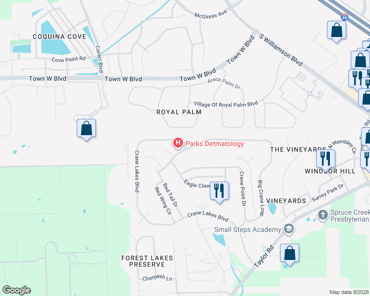 map of restaurants, bars, coffee shops, grocery stores, and more near 2298 Crane Lakes Blvd in Port Orange