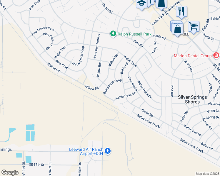 map of restaurants, bars, coffee shops, grocery stores, and more near 11 Bahia Pass Loop in Ocala