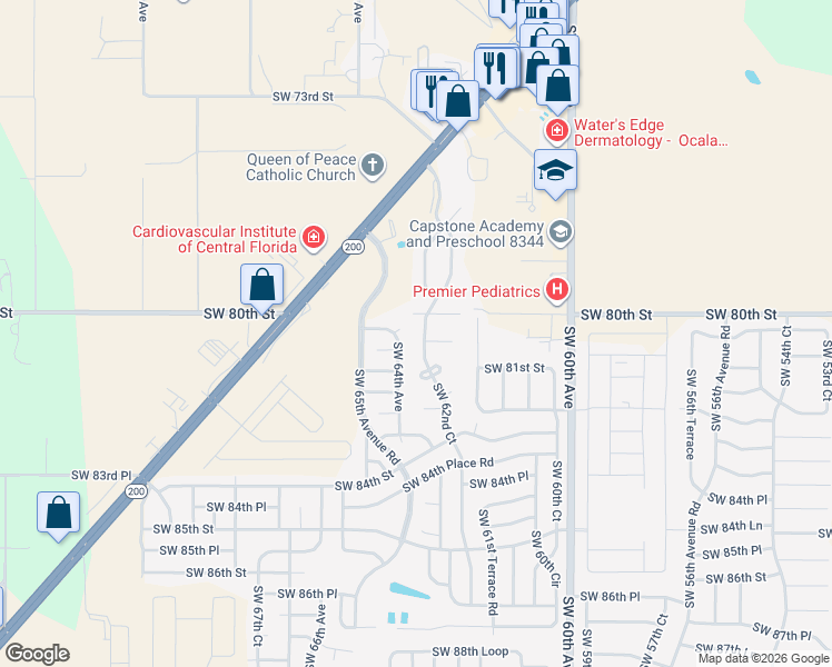 map of restaurants, bars, coffee shops, grocery stores, and more near 6229 Southwest 80th Lane in Ocala