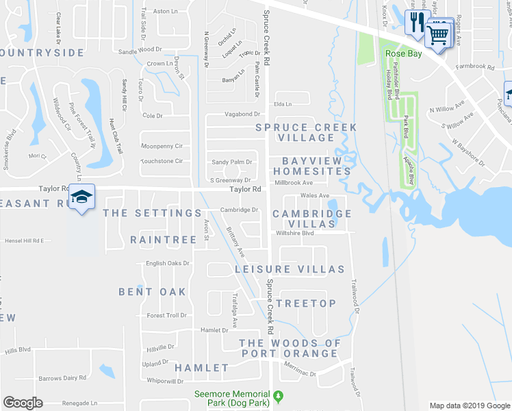 map of restaurants, bars, coffee shops, grocery stores, and more near 107 Cambridge Drive in Port Orange