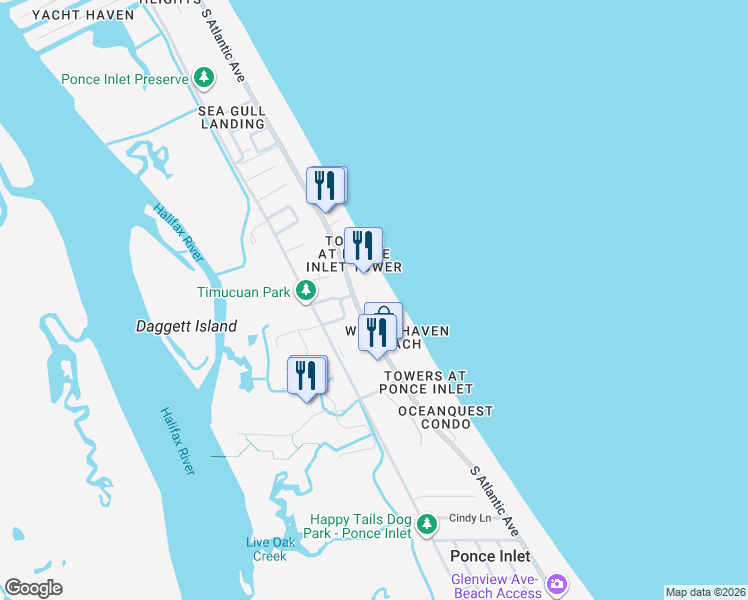 map of restaurants, bars, coffee shops, grocery stores, and more near 4575 South Atlantic Avenue in Port Orange