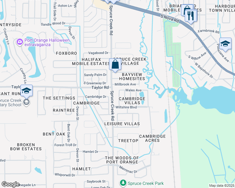 map of restaurants, bars, coffee shops, grocery stores, and more near 5812 Wales Avenue in Port Orange