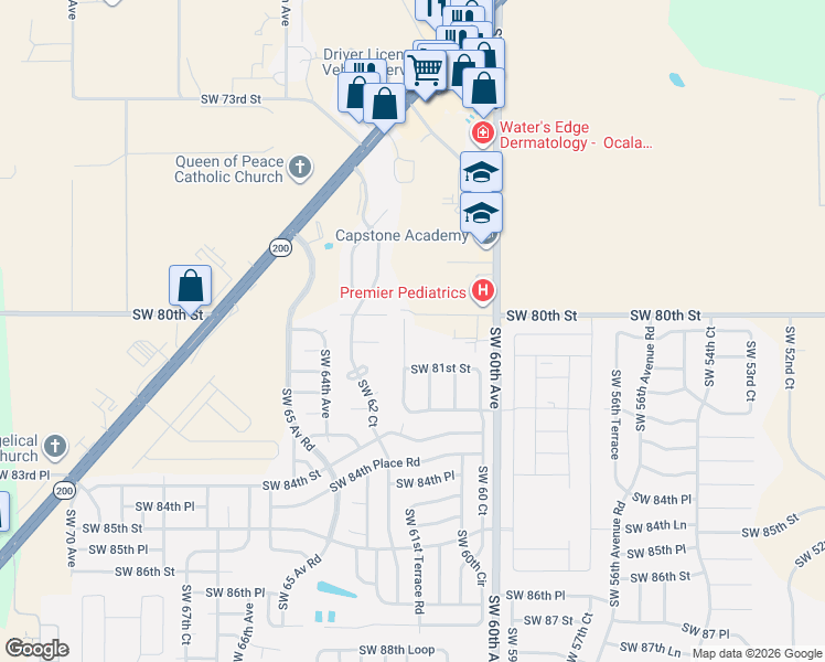 map of restaurants, bars, coffee shops, grocery stores, and more near 8024 Southwest 62nd Avenue in Ocala