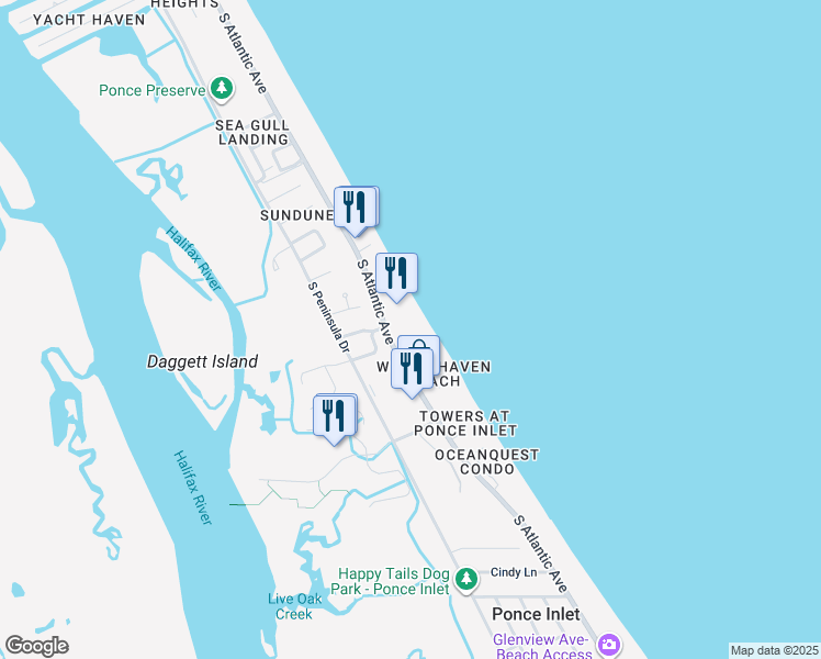 map of restaurants, bars, coffee shops, grocery stores, and more near 4575 South Atlantic Avenue in Port Orange
