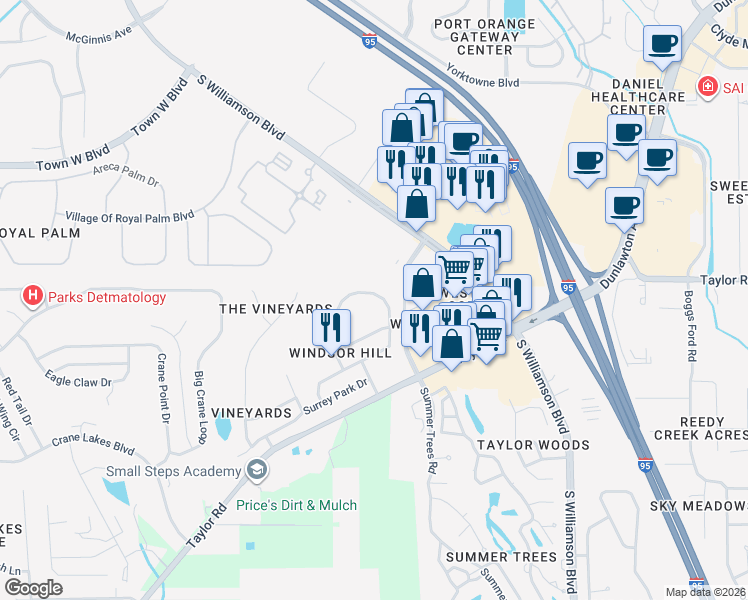 map of restaurants, bars, coffee shops, grocery stores, and more near 1340 North Wembley Circle in Port Orange
