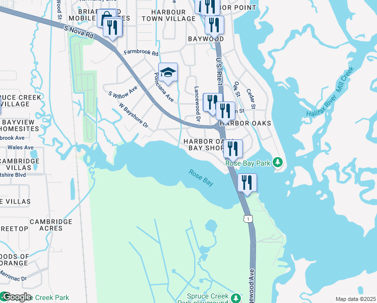 map of restaurants, bars, coffee shops, grocery stores, and more near 5536 West Bayshore Drive in Port Orange