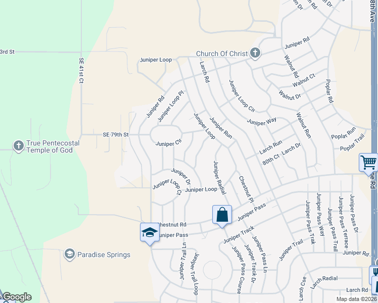 map of restaurants, bars, coffee shops, grocery stores, and more near 14 Juniper Loop Run in Ocala