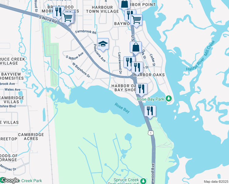 map of restaurants, bars, coffee shops, grocery stores, and more near 5536 West Bayshore Drive in Port Orange