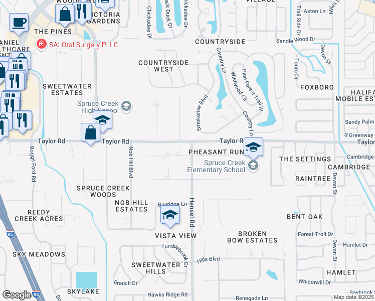 map of restaurants, bars, coffee shops, grocery stores, and more near 811 Pheasant Run Court West in Port Orange