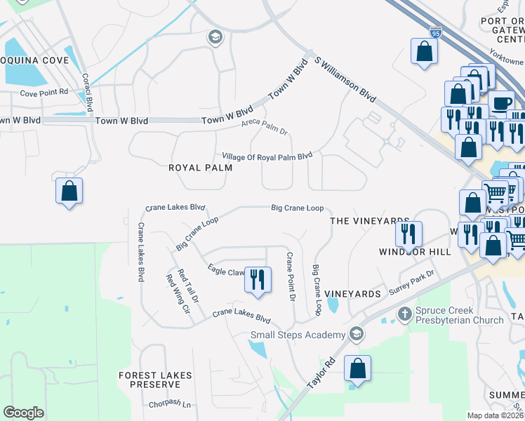 map of restaurants, bars, coffee shops, grocery stores, and more near 1941 Big Crane Loop in Port Orange