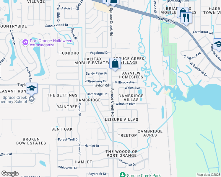 map of restaurants, bars, coffee shops, grocery stores, and more near 107 Cambridge Drive in Port Orange